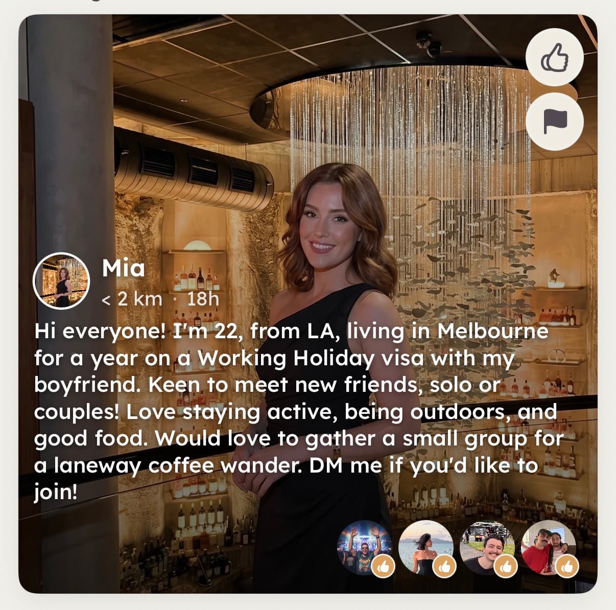 A real HillSnap intro from a newcomer introducing herself to nearby users