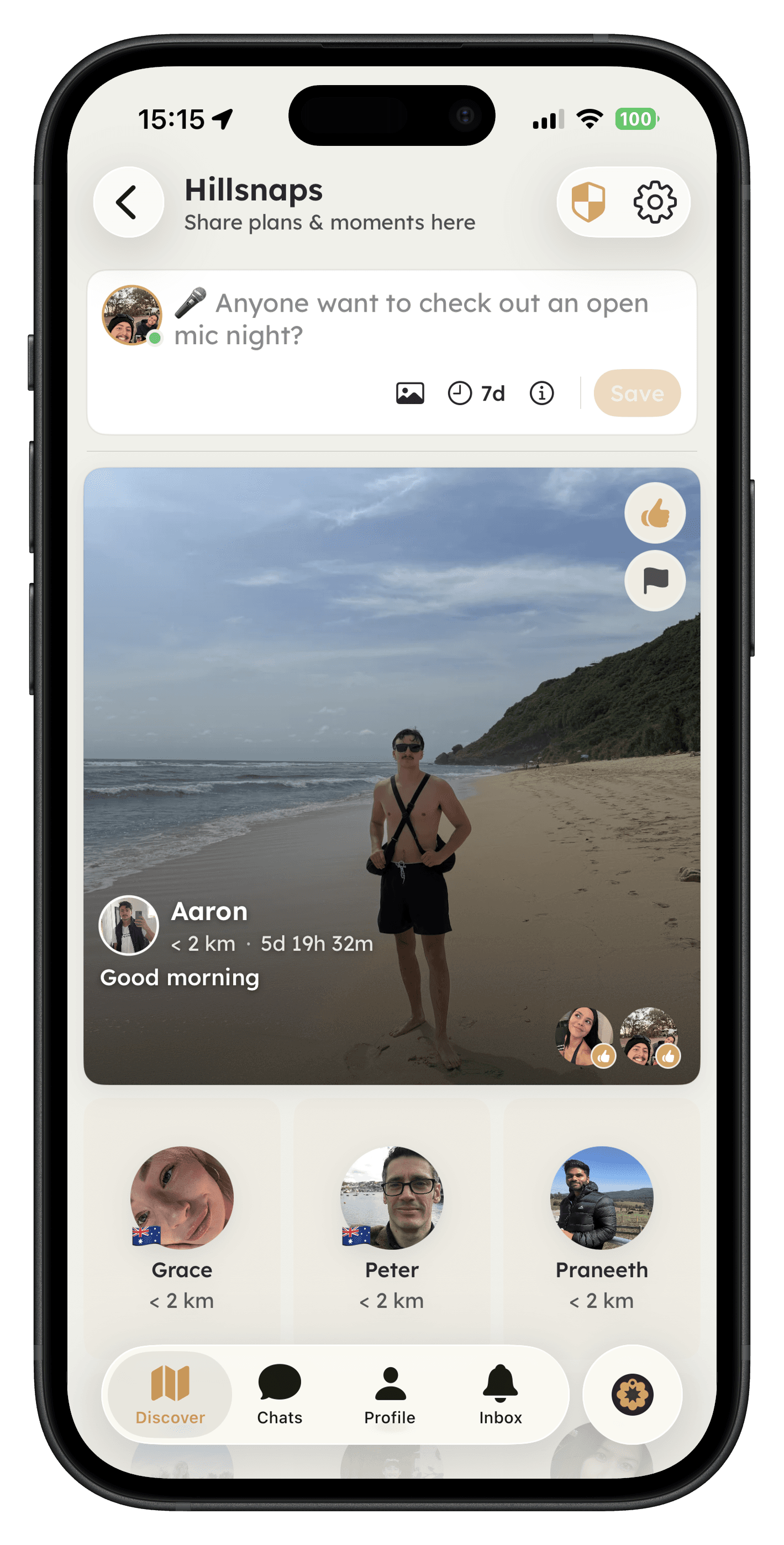 The HillSnaps feed in the Hilltops app showing nearby posts and people within 2 km