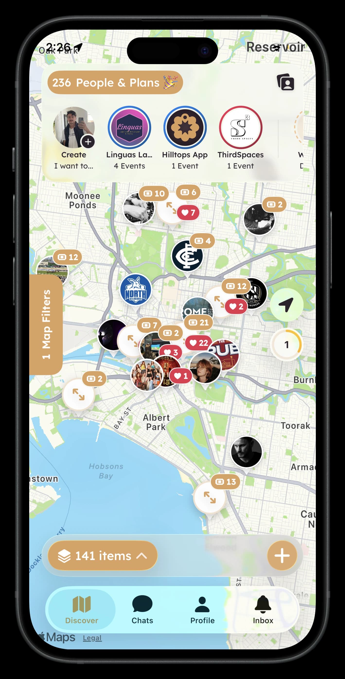 Hilltops discovery map showing 188 people and plans nearby — clusters of rooms and event pins across the city