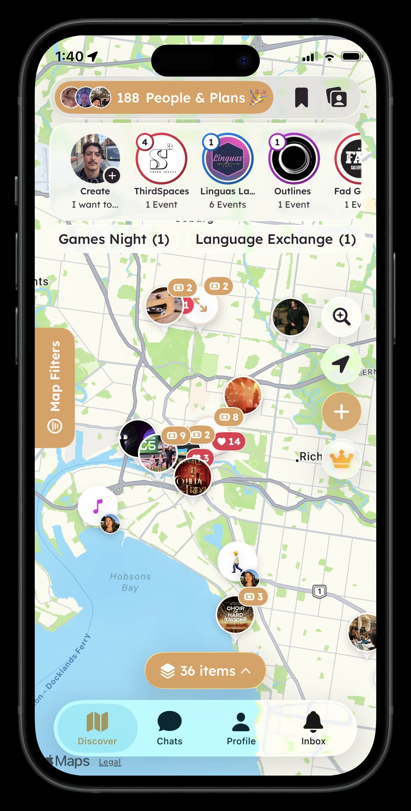 Hilltops discovery map showing 188 people and plans nearby — clusters of rooms and event pins across the city
