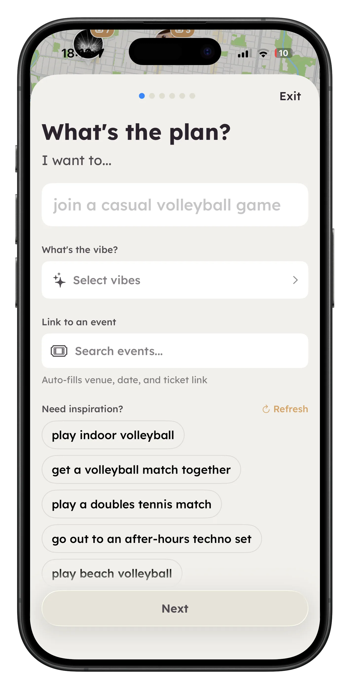Eventi 'What's the plan?' screen with example prompts like join a casual volleyball game and play indoor volleyball