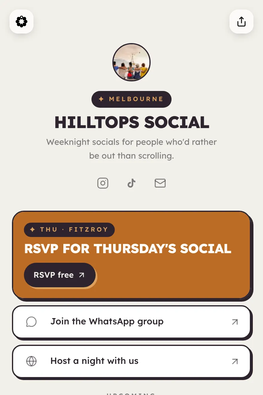 Example Bio links page in the Hilltops template: a Melbourne social club with an RSVP button for Thursday's social and links underneath.