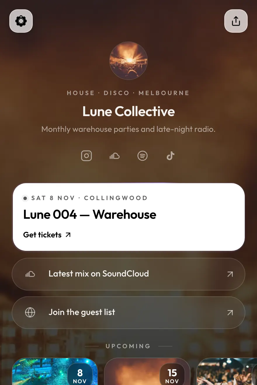 Example Bio links page in the Nightlife template, with a featured upcoming event at the top.