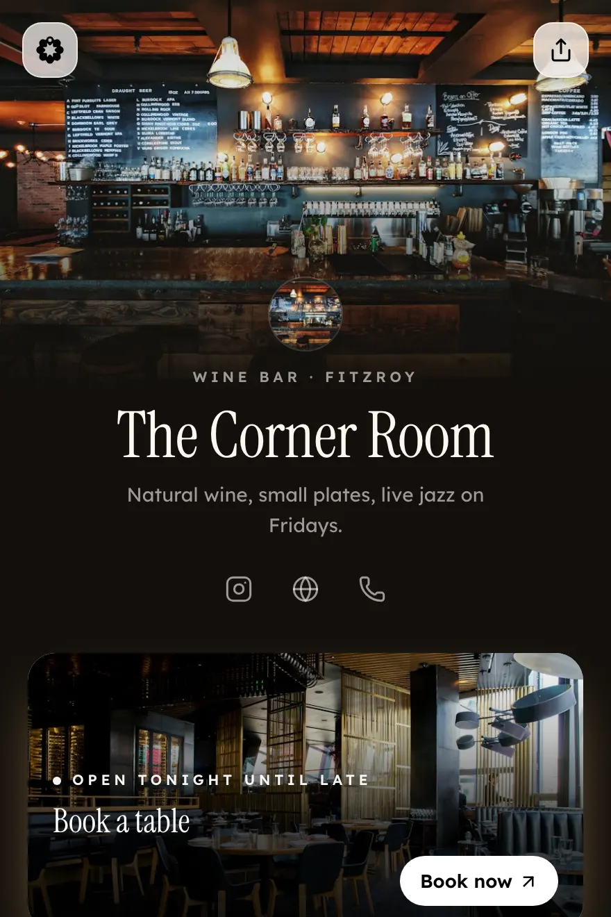 Example Bio links page in the Venue template for a wine bar, showing it's open tonight with a Book now button.